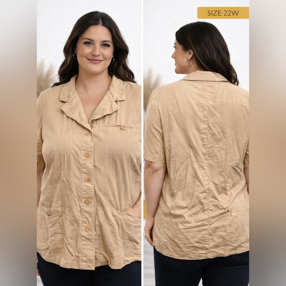 Ellen figg Plus-Size Short Sleeve Button Front Top - Beige 20W